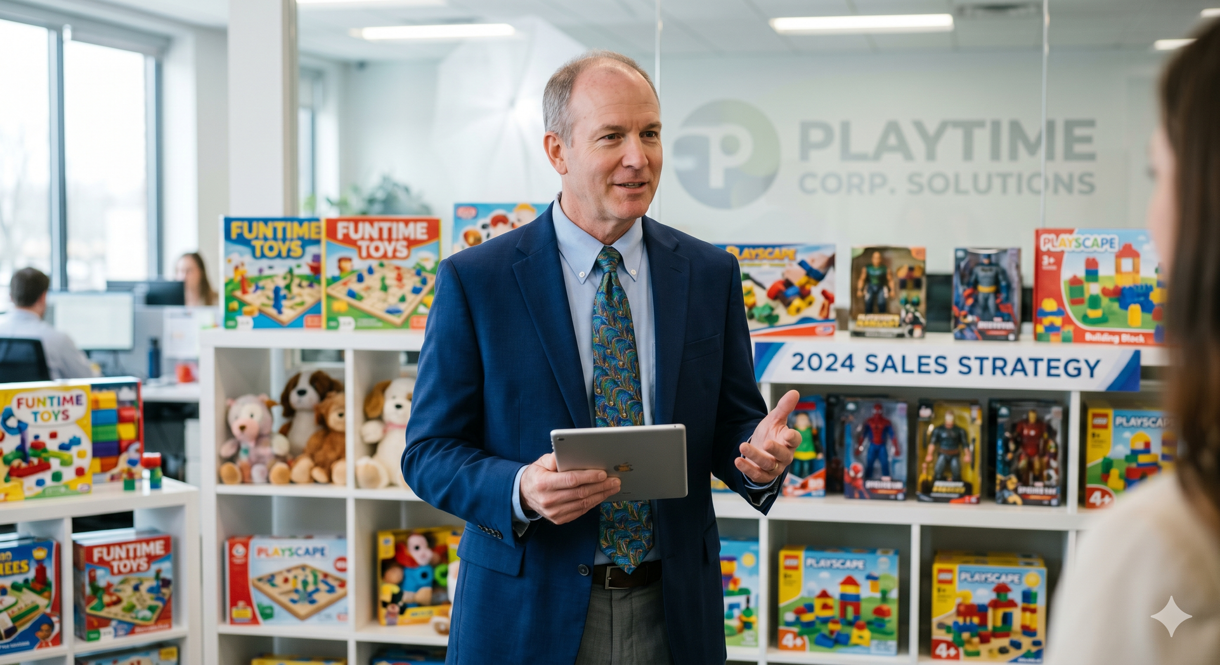 A sales rep presenting in a toy showroom
