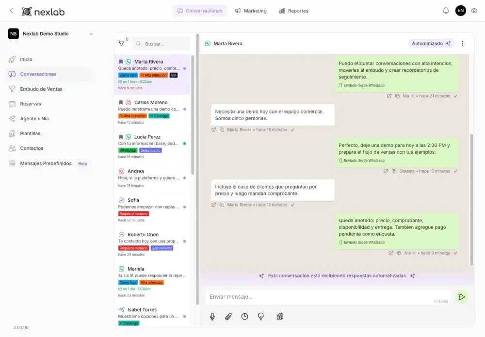 Bandeja de mensajes multicanal de Nexlab Business con conversaciones, etiquetas y respuestas automatizadas