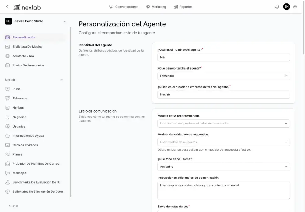 Pantalla de configuracion del agente de Nexlab Business
