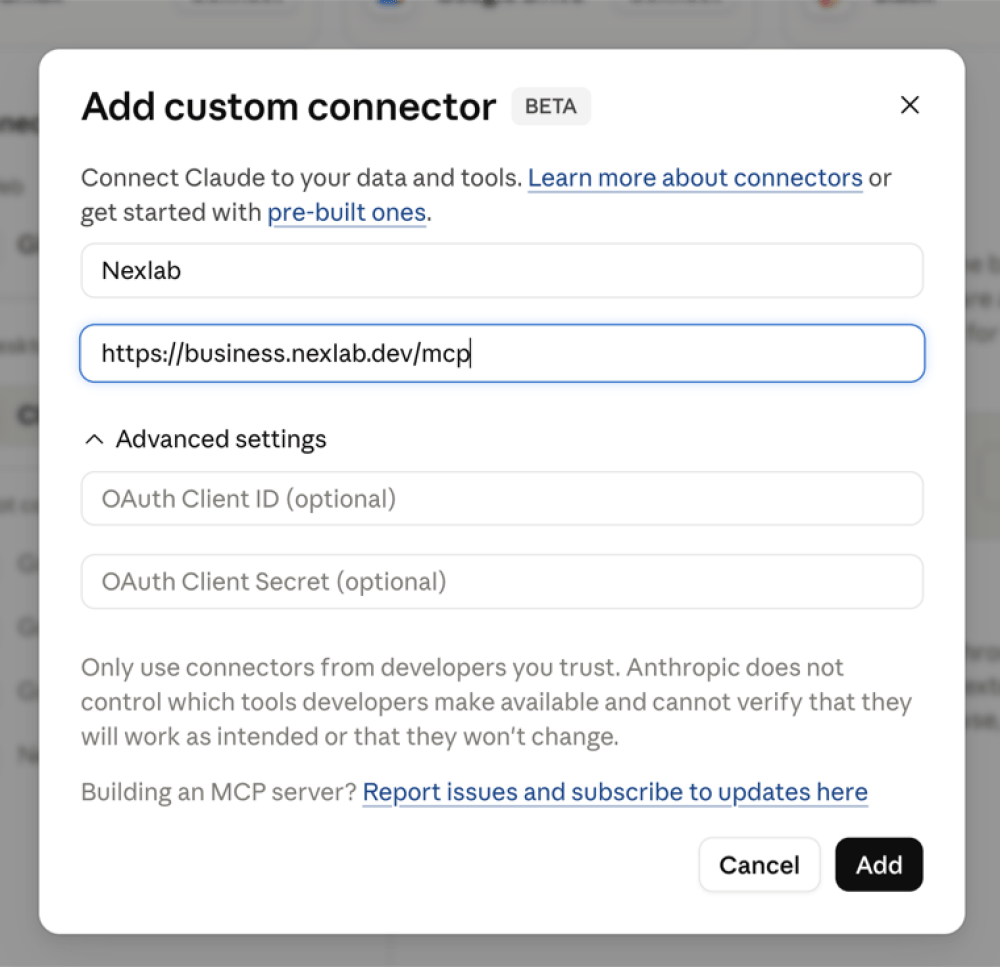 Formulario del conector con la URL del MCP