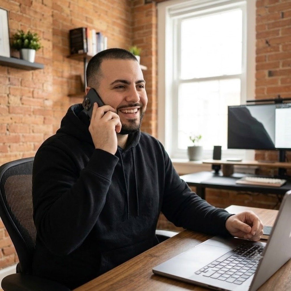 Luis de Nexlab sonriendo mientras atiende a un cliente